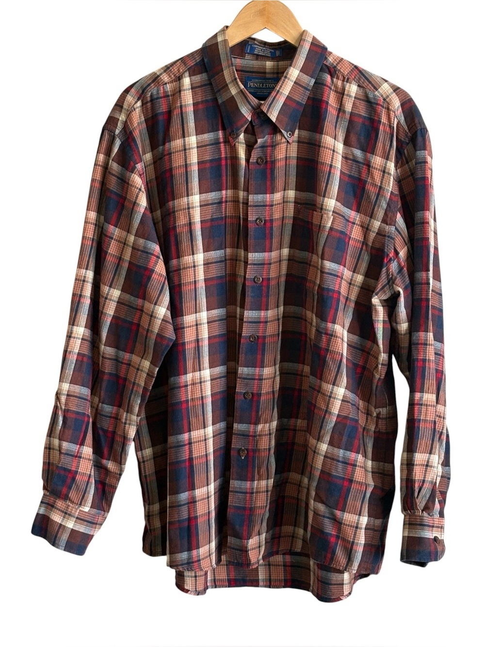 Pendleton Mens Brown Blue Button Down Plaid Shirt Size XXL